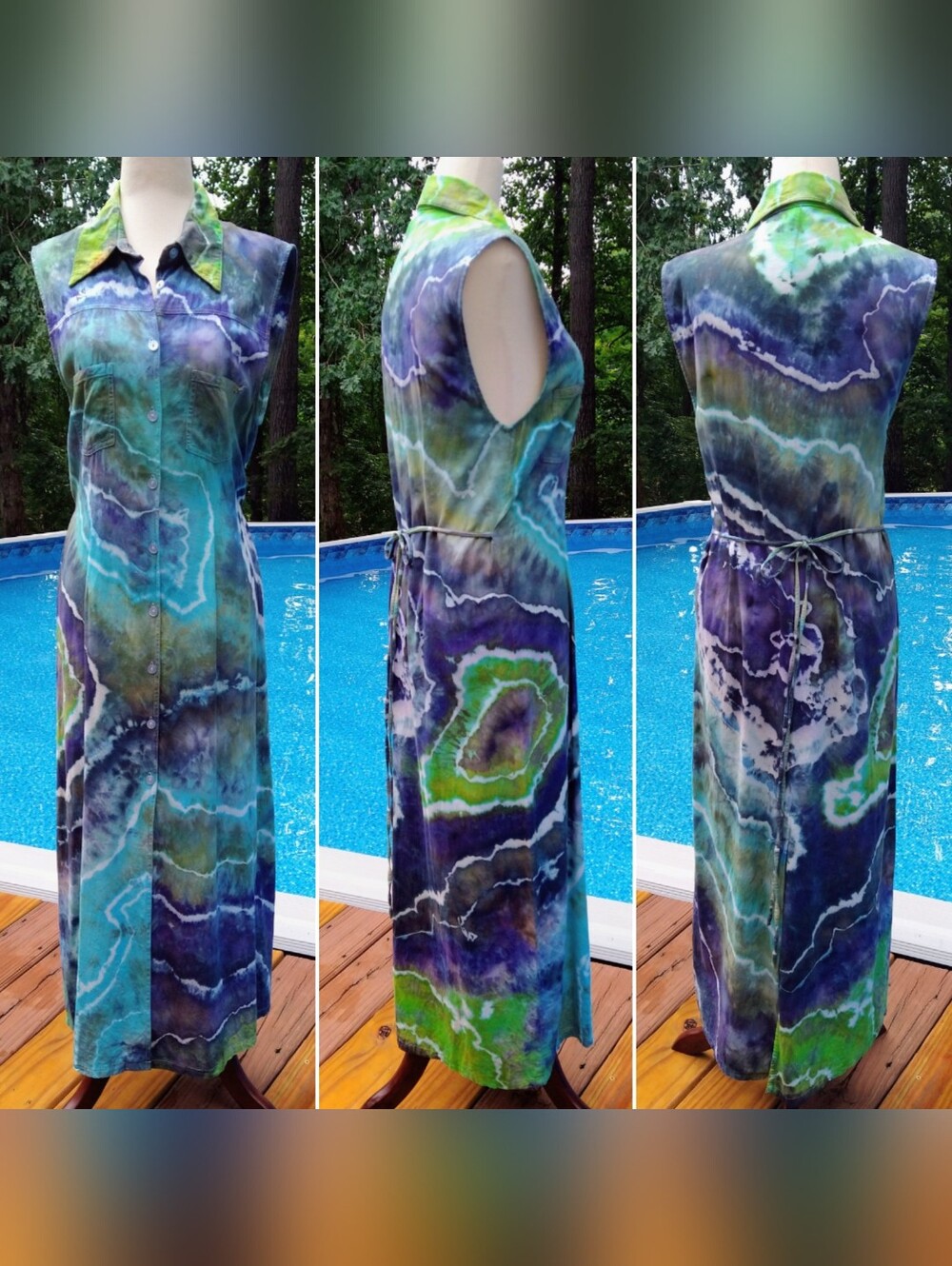 Blue & Green Geode Ice Dye Tie Dye Sleeveless Button Up Collared Dress~Sz S